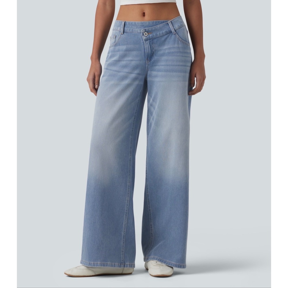 Halara Asymmetric Low Rise Wide Leg Baggy Jeans Light Wash Blue Tall Large NWT